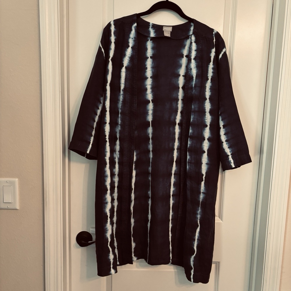 Chicos Cardigan Women Blue White Tie Dye 100% LINEN Open Duster Size 1 Beach